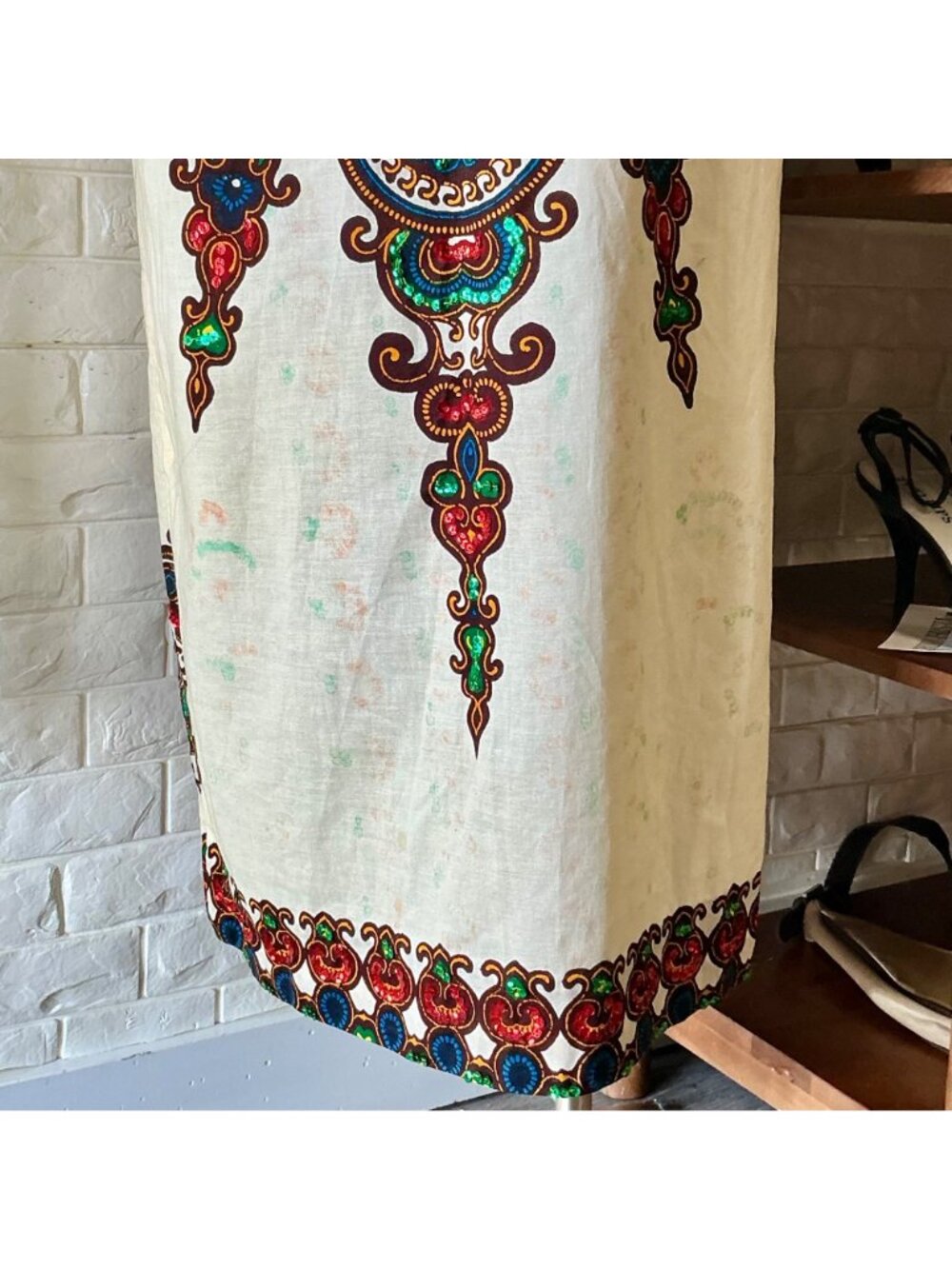 Vintage 70s Bou Boudina Maxi Dress Ornately Sequined Colorful Dashiki Medallion - Picture 7 of 14